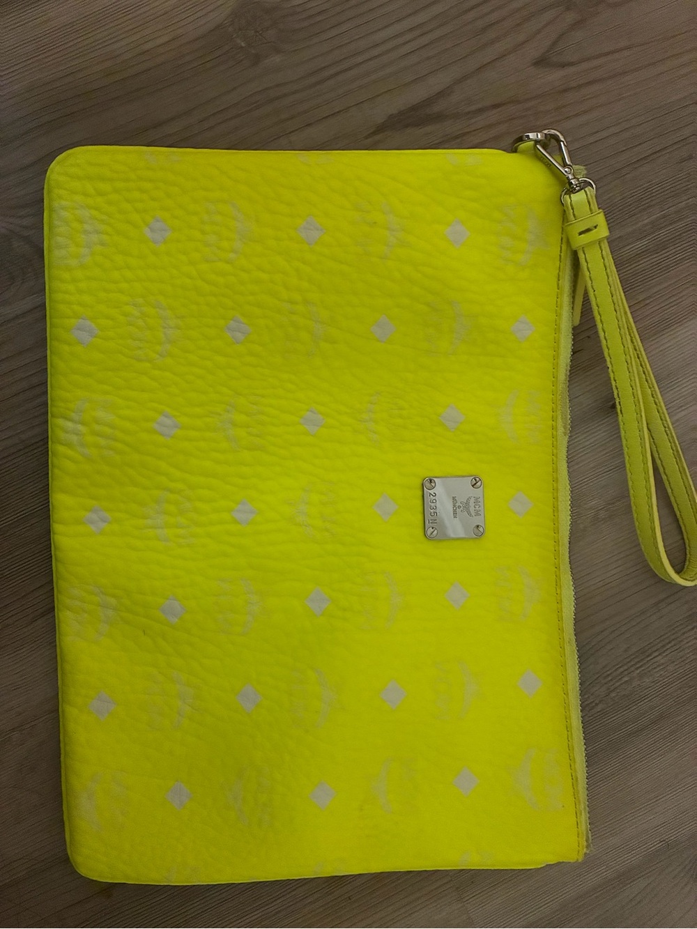 MCM Neon Yellow Leather Wristlet Clutch with Detachable Strap